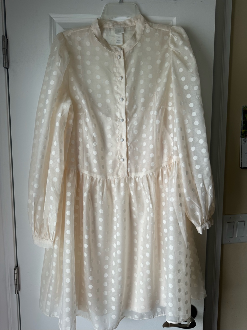 H&M POLKA DOT SHEER CREAM LONG SLEEVED SMOCK DRESS in SIZE M